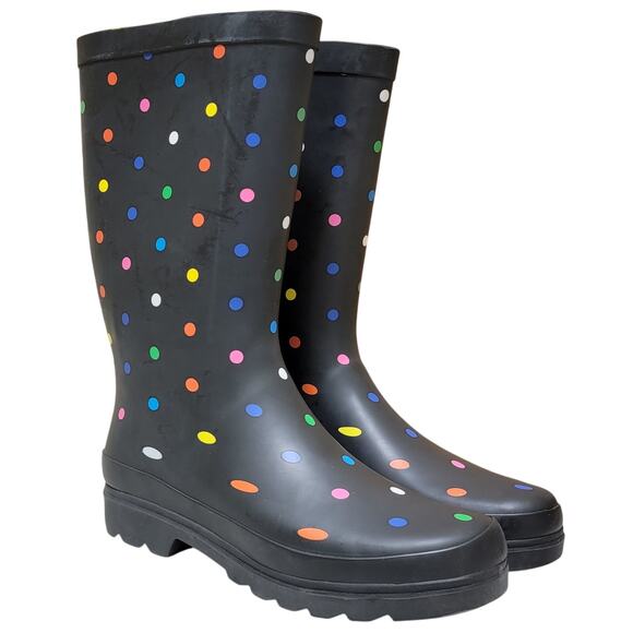 Sugar Women Raffle 4 Tall Rain Boots Size US 10M Black Fiesta Dot Rubber - Picture 2 of 4